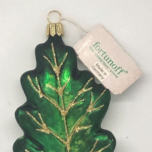 Large 6” Green Oak Leaf Glass Blown With Gold Glitter Holiday Ornament Germany - Picture 2 of 6